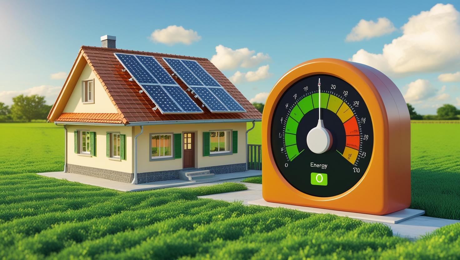 obraz 300x 300. dom z instalcja pv, obok duzy licznik energii z wskazowka na zielonym polu pokazuje duza produkcje enregii