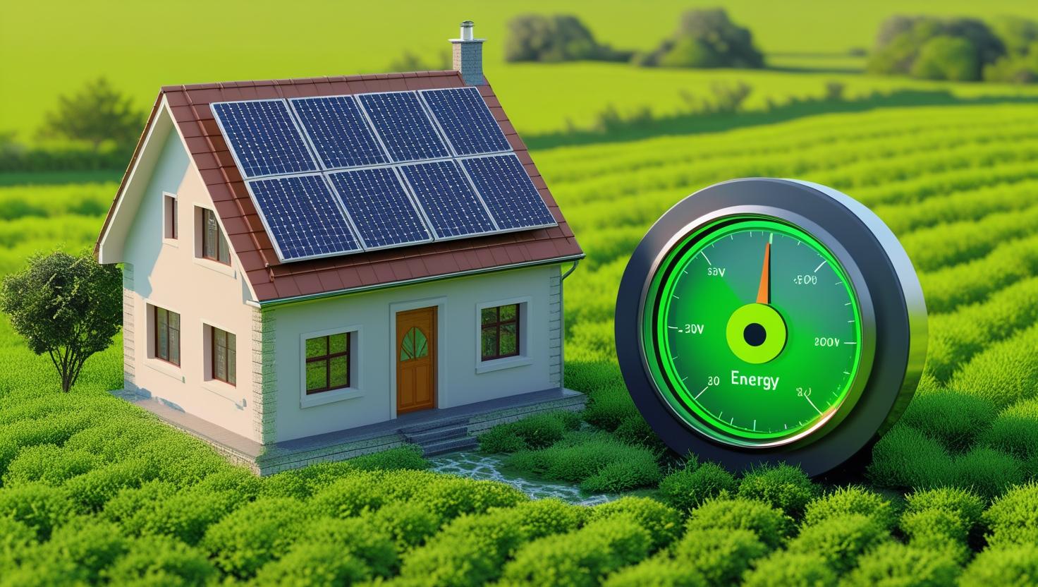 obraz 300x 300. dom z instalcja pv, obok duzy licznik energii z wskazowka na zielonym polu pokazuje duza produkcje enregii (2)