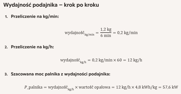 Praktyczne wyliczenie wydajności podajnika dla pelletu z obliczeniami